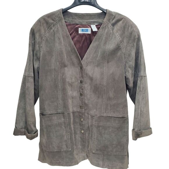QPS Quality Price Style Vintage Leather Jacket Womens Medium Gray Suede V-Neck - Picture 2 of 8